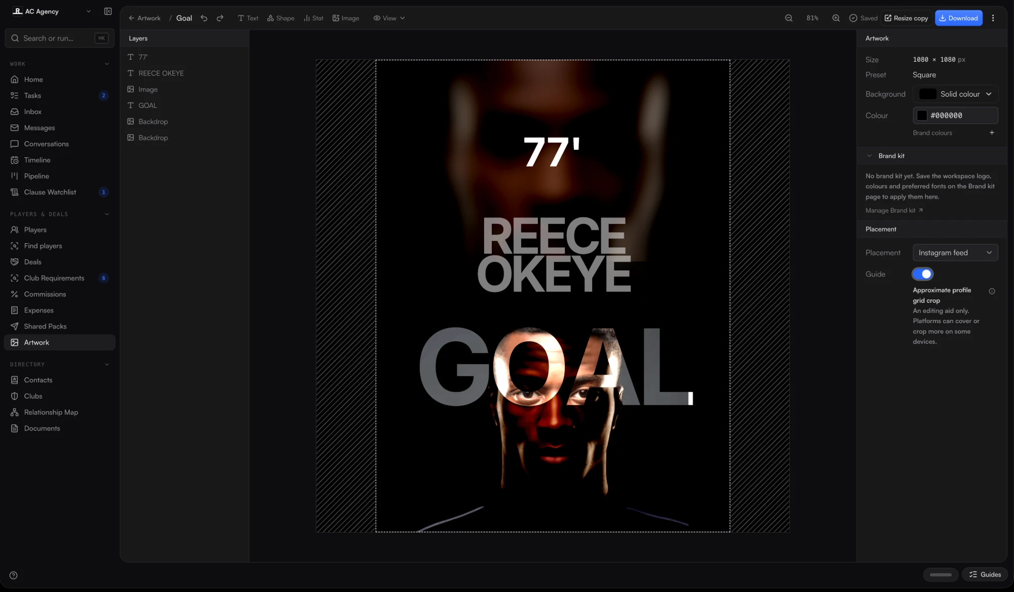 The Relai Artwork editor with a square goal graphic for a player open: the layers list, the canvas with its placement guide, and the size, preset and background settings.