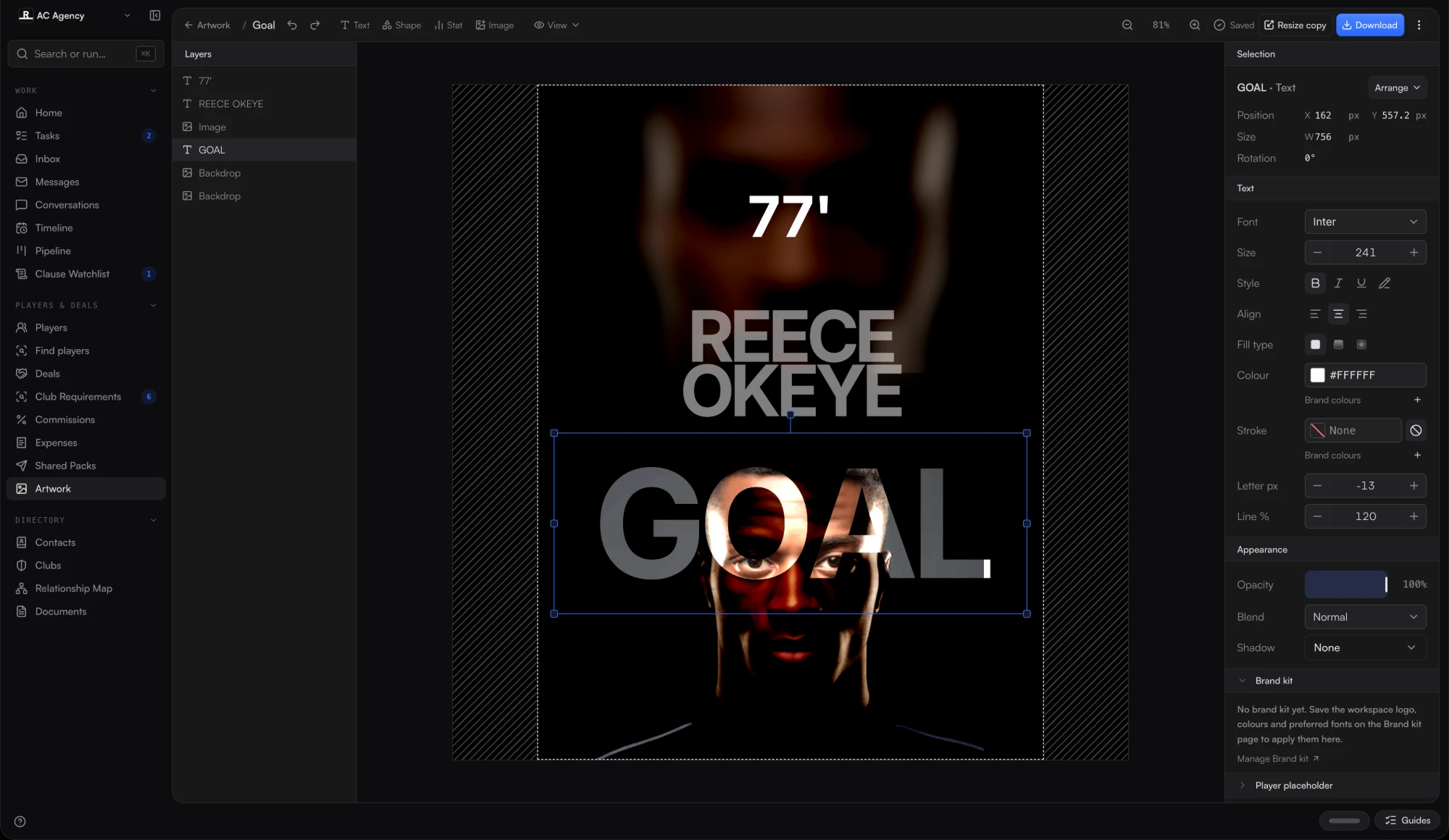 The same goal graphic with its headline text selected and the text, colour and appearance controls beside it.