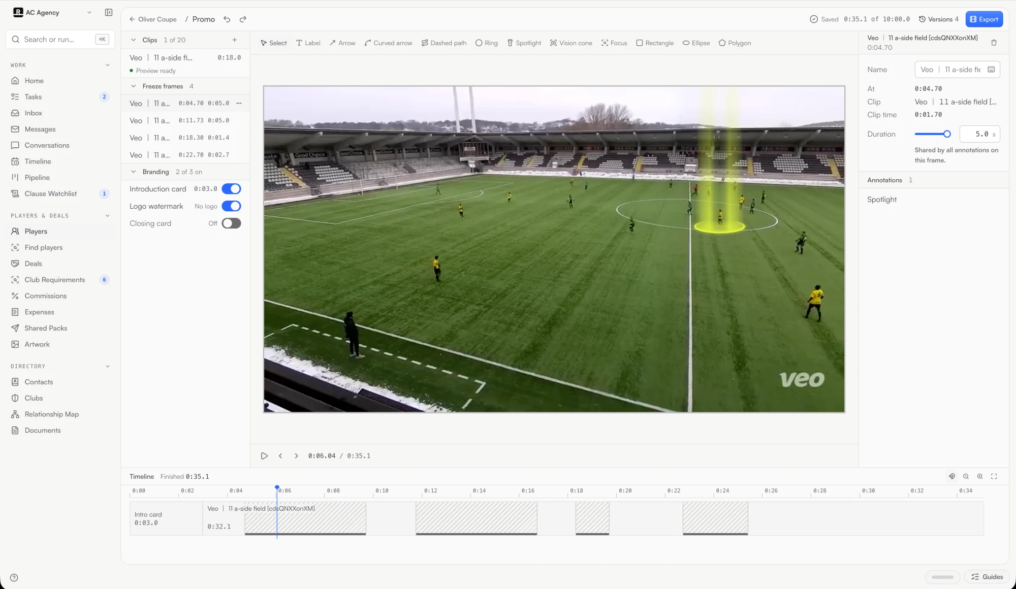 The Relai video editor open inside a player record: the player's clips and freeze frames on the left, a paused frame with a spotlight on one player in the middle, the freeze frame's settings on the right and one timeline below.